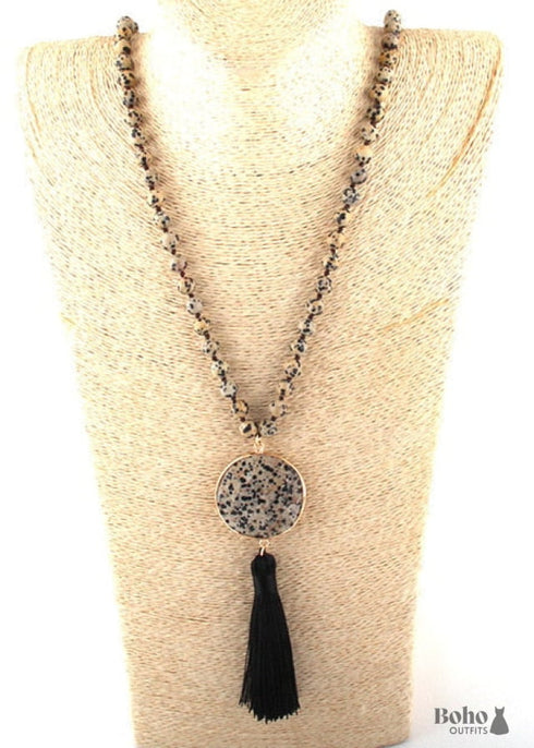 Boho Necklace, RH Amazonite Jasper, Circle Tassel Green White Natural Stone